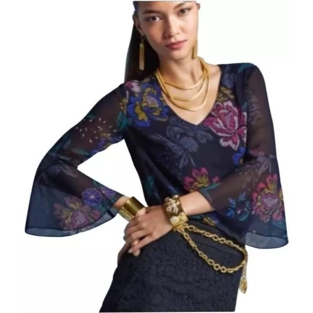 CAbi 3506 Olivia Blouse Top Women's Size XS Blue Floral Whimsigoth Fairy